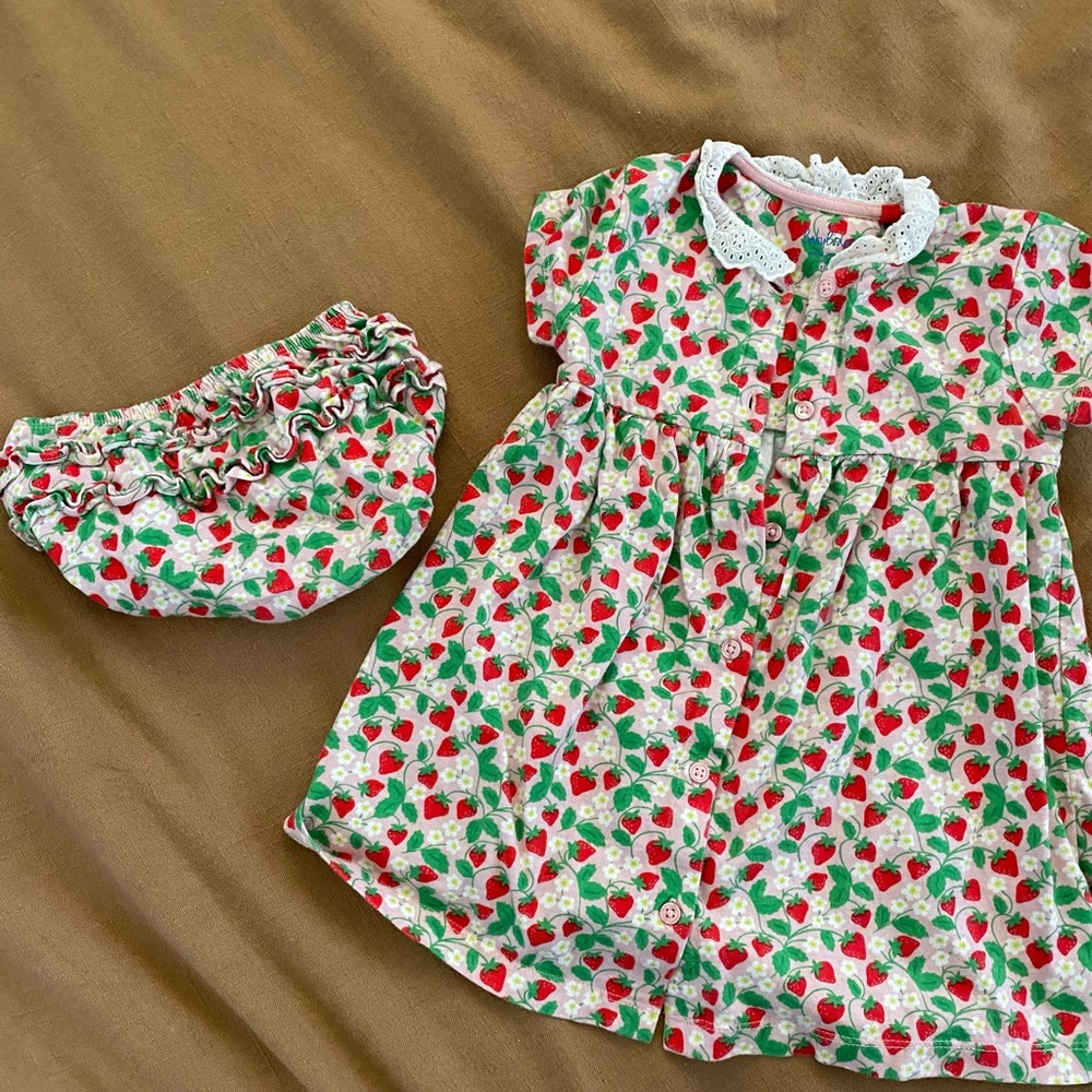 Strawberry Toddler Soft Cotton Dress with Lace Collar and Ruffled Bloomers